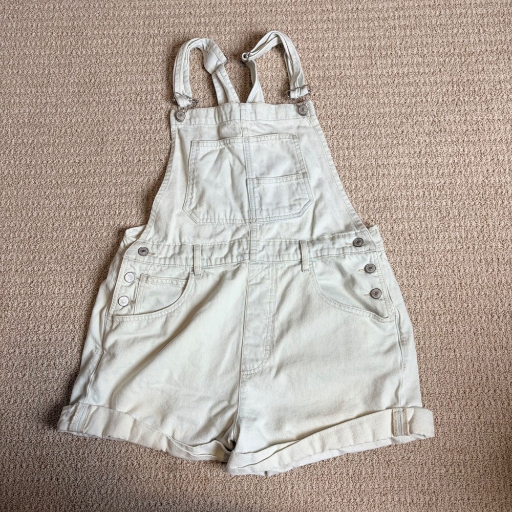 We The Free Free People Denim Shortalls Ivory Cream Cotton Overalls Size M